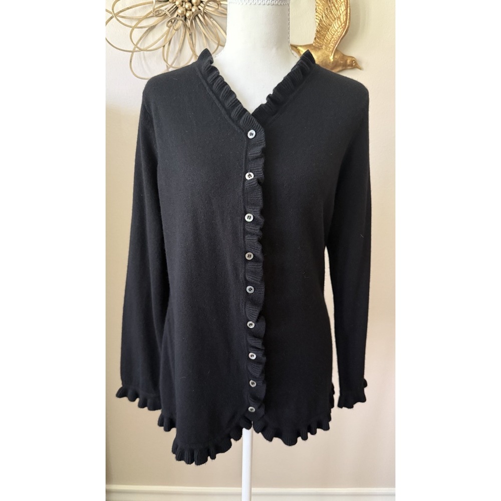 House of Bruar Cashmere Silk Cardigan Sweater Black Ruffle Trim Size S